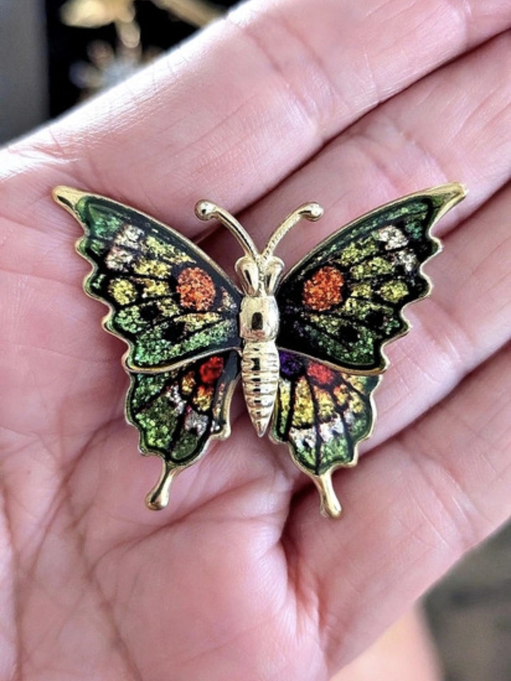 Vintage Butterfly Brooch in Black & Green